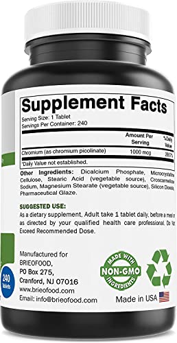 Brieofood Chromium Picolinate 1000 mcg Pills - 240 Tablets - 240 Servings - Non-GMO Brieofood buy supplements canada
