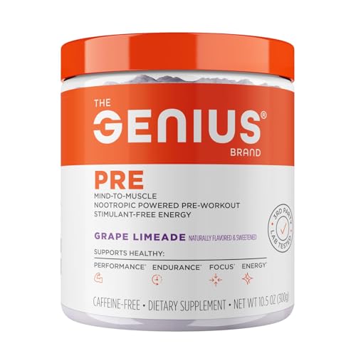 Genius Pre Caffeine-Free Pre Workout Boosted Energy, Focus, Performance Nootropic Formula AlphaSize, Citrulline Malate, CarnoSyn Beta Alanine Endurance, Stamina, Recovery, 20 Servings - Grape Limeade The Genius Brand buy supplements canada