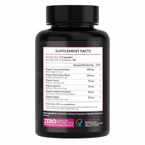EVERYDAY NUTRITION Organic Fermented Beet Root & Black Maca Capsules with Carrot, Spinach, Cranberry & Ginger | Superfood for Energy, Stamina & Wellness | 90 Veggie Capsules | Made in USA EVERYDAY NUTRITION buy supplements canada