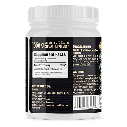 METALIFE 100% Pure Creatine Monohydrate Powder, Canada-Made, 1000 g (200 Servings) Micronized Powder, Muscle Growth, Unflavored, Ideal for Athletes & Fitness Enthusiasts, Third party lab tested, Vegan METALIFE buy supplements canada