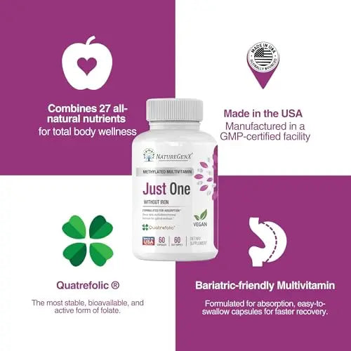 NatureGenX Just One Daily Methylated Multivitamin - 60 Caps Pure Methyl B12, Methylfolate MTHFR Support Supplement Iron Free Methylated Vitamins NatureGenX buy supplements canada