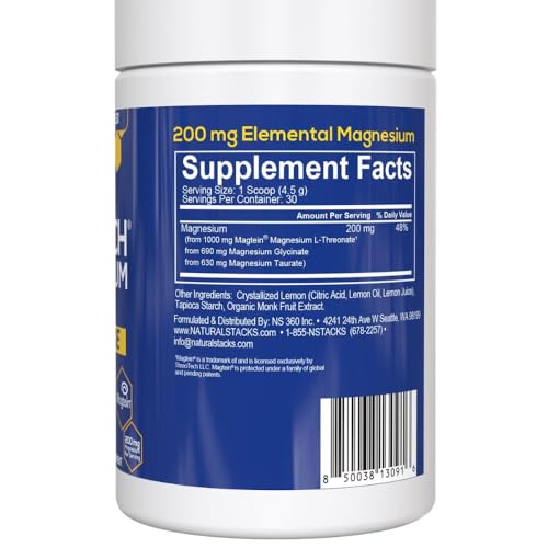 Magtein Magnesium L-Threonate, Glycinate & Taurate - MagTech Magnesium Powder - Sugar Free Lemonade Drink - 200mg Chelated Triple Complex - Supports Relaxation & Brain Health* - 30 Servings NATURAL STACKS buy supplements canada