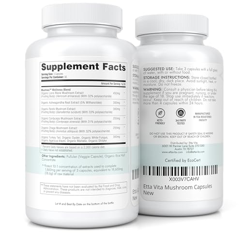 USDA Organic Lions Mane Supplement Capsules with Ashwagandha, Chaga, Reishi, Cordyceps Etta Vita buy supplements canada