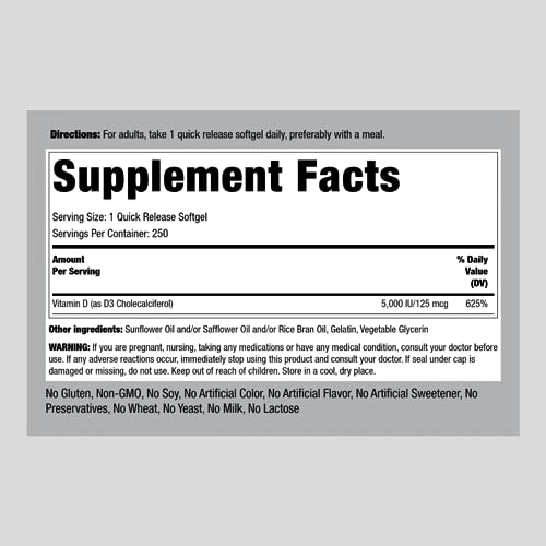 Piping Rock Vitamin D3 5000 IU | 250 Softgels | High Potency Supplement | Non-GMO Piping Rock buy supplements canada