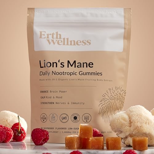 Erth Wellness Lion’s Mane Mushroom Gummies – 10,000mg Fruiting Body Extract per Serving – Brain & Focus Support – Daily Nootropic – Vegan, Low Sugar, Non-GMO – 60 Ct Erth Wellness buy supplements canada