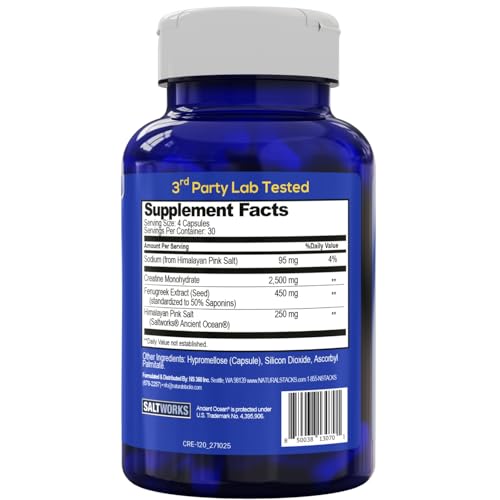 Creatine Monohydrate - 2500mg Creatine Pills - 450mg Fenugreek Extract & 250mg Himalayan Pink Salt - Supports Brain Health, Endurance & Muscle Building - Advanced Absorption Formula - 120 Capsules NATURAL STACKS buy supplements canada