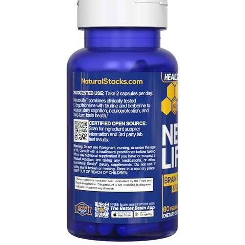 NeuroLife Longevity Supplement - 500mg Taurine & 400mg Berberine Supplement - Clinically Tested MitoPrime L-Ergothioneine - Brain Support for Cognitive Vitality - 60 Berberine Capsules NATURAL STACKS buy supplements canada