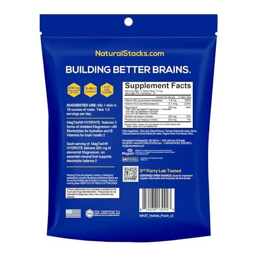 MagTech Magnesium Hydrate Packets - Sugar Free Hydration Powder - Magtein Magnesium L-Threonate, Glycinate & Taurate - 200mg Chelated Triple Complex - Supports Hydration & Brain Health* - 14 Servings NATURAL STACKS buy supplements canada