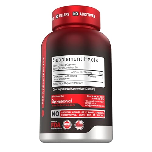 Herbtonics Korean Red Panax Ginseng 1500mg - Energy Supplement for Peak Performance, Focus & Vitality - High Potency Ginseng Root Extract - 120 Vegan Capsules Herbtonics buy supplements canada