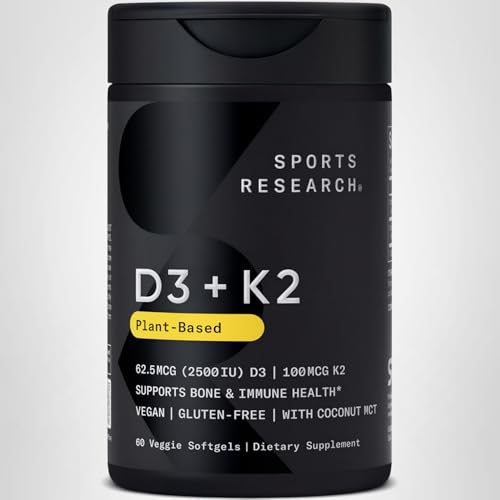 Sports Research® Vitamin D3 + K2 w/Coconut Oil - Vegan Vitamin D 2500iu (62.5mcg) & Mk7 Vitamin K 100mcg for Bone & Immune Support - Vegan Certified Sports Research buy supplements canada