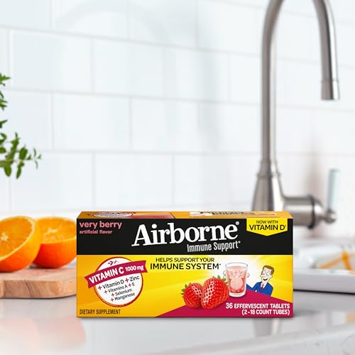 Vitamin C 1000mg (per serving) - Airborne Very Berry Effervescent Tablets (36 count in a box), Gluten-Free Immune Support Supplement, With Vitamins A C E, ZINC, Selenium, Echinacea & Ginger Airborne buy supplements canada