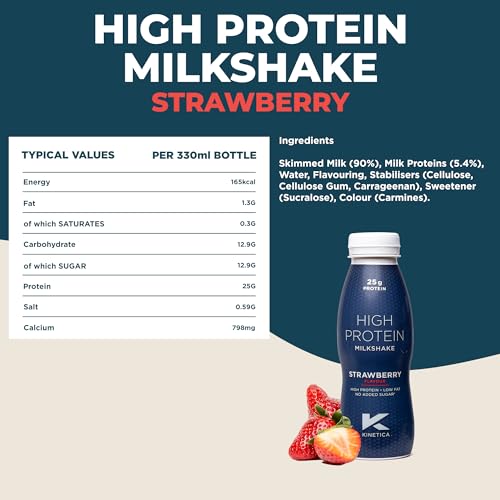 Kinetica Ready-to-Drink Protein Shake, 12 X 330mls, 165 cals, 25g Protein per Bottle, Low Fat (Strawberry) Kinetica buy supplements canada