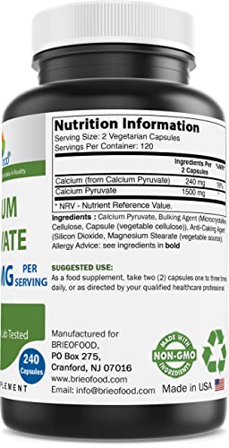 Brieofood Calcium Pyruvate 1500mg per Serving - 240 Vegetarian Capsules Brieofood buy supplements canada