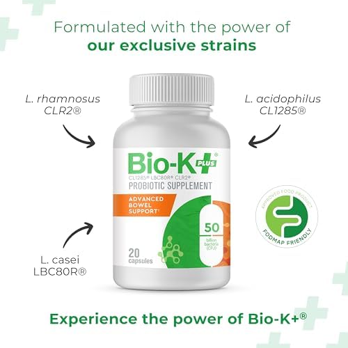 Bio-K+ Probiotic Advanced Bowel Support – 50 Billion CFU – Vegan, Gluten-Free, Non-GMO – Supports Digestive Health & Regularity – for Men & Women – 20 Probiotic Capsules Bio-K Plus buy supplements canada
