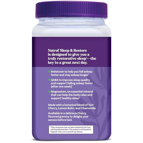Natrol Sleep + Restore Magnesium Glycinate Blend Gummies with Melatonin 5mg - Calm Magnesium with GABA, Botanical Blend, Cherry Flavor, 60 Gummies Natrol buy supplements canada