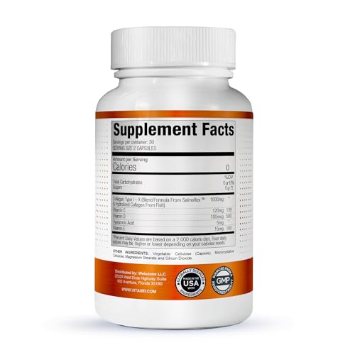 VITASEI Salmoflex Marine Collagen Peptides Pills W/Hyaluronic Acid, Vitamin C, D, E | Salmon Supplements - Hair, Skin, Nails | Multivitamin for Women & Men | Knee, Joint Relief - 60 Capsules VITASEI buy supplements canada