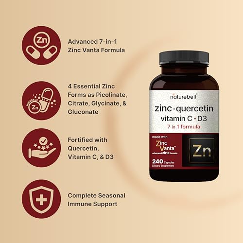NatureBell Zinc Quercetin with Vitamin C & D3, 240 Capsules | Quercetin 1,000mg, 4 in 1 Zinc 50mg, Vitamin C 250mg, Vitamin D3 5,000 IU – ZincVanta Advanced Immune Defense & Lung Support NatureBell buy supplements canada