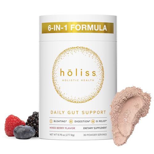 HOLISS Daily Gut Health Kit – 6-in-1 All Natural Supplement, Bloat & Gas Aid, GI Lining Repair, IBS Support – Lemon Balm, L-Glutamine, PepZinGI, Mixed Berry, 30 Servings, Electric Mixer & Spoon HOLISS buy supplements canada