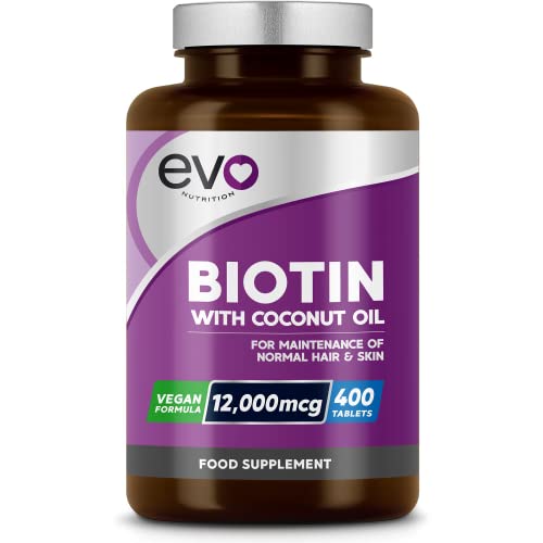 Biotin Hair Growth Supplement 12,000mcg with Coconut Oil | 400 High Strength Tablets EVO NUTRITION buy supplements canada