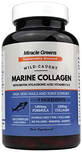 Marine Collagen 1400mg | 120 Capsules with Biotin, Hyaluronic Acid, Vitamin C, E, B2, Zinc, Copper & Iodine Miracle Greens buy supplements canada