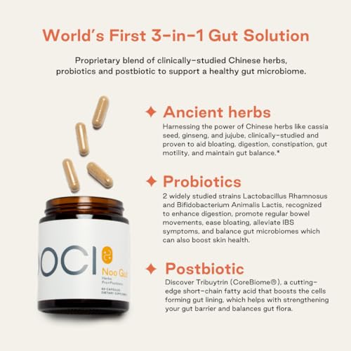 NOOCI NOO Gut, Gut + Skin: 3-in-1 Gut Health Supplement with Herbs, Probiotic & Postbiotic, Digestive Support for Bloating & Constipation, 60 Vegan Capsules NOOCI buy supplements canada