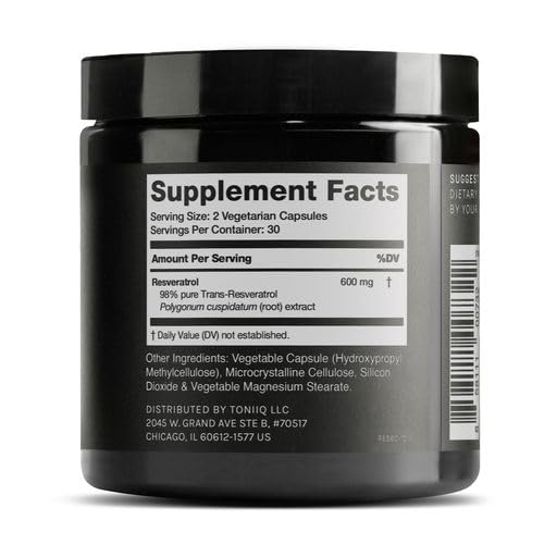 Toniiq Ultra High Purity Resveratrol Capsules - 98% Trans-Resveratrol - Highly Purified and Bioavailable - 60 Caps Reservatrol Supplement Toniiq buy supplements canada