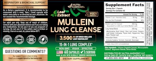 Mullein Lung Detox - Mullein Leaf Extract - Marshmallow Root | Echinacea | Oregano | Quercetin | NAC - 15-in-1 Lung Support & Cleanse for Smokers Supplement NUTRAHARMONY buy supplements canada