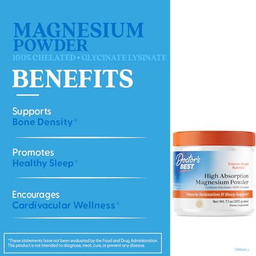 Doctor's Best High Absorption Magnesium Powder,White, 100% Chelated TRACCS, Not Buffered, Headaches, Sleep, Energy. Non-GMO, Vegan, Gluten Free, 200G, 7.1 Ounce (Pack of 1) Doctor's BEST buy supplements canada