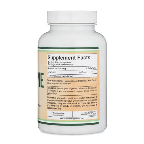 L-Tyrosine 1,000mg per Serving, 120 Veggie Capsules (L Tyrosine Supplement for Memory Double Wood Supplements buy supplements canada