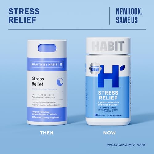Habit Stress Relief Supplement (60 Capsules) - New Look, Supports Relaxation & Mood Balance, Vitamin B, Adaptogens, Lemon Balm, Calming, Vegan, Non-GMO (1 Pack) H' Habit buy supplements canada