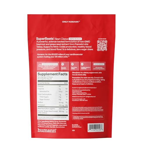 Humann SuperBeets Heart Chews Zero Sugar, Beet Root Supplement, Energy, Nitric Oxide and Blood Pressure Support, Grape Seed Extract & Non-GMO Humann buy supplements canada