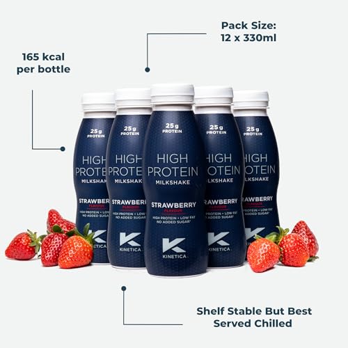 Kinetica Ready-to-Drink Protein Shake, 12 X 330mls, 165 cals, 25g Protein per Bottle, Low Fat (Strawberry) Kinetica buy supplements canada