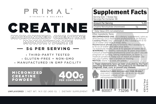 Primal Creatine Monohydrate Powder (400 Grams) | Unflavored Micronized Creatine Primal buy supplements canada