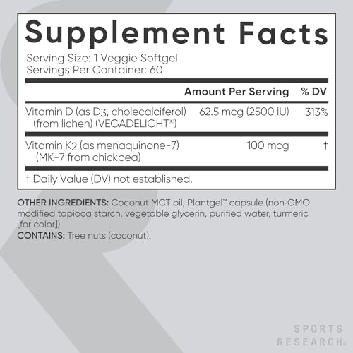 Sports Research Vitamin D3 K2 with Coconut MCT Oil | Vegan D3 2500iu (62.5mcg) Sports Research buy supplements canada