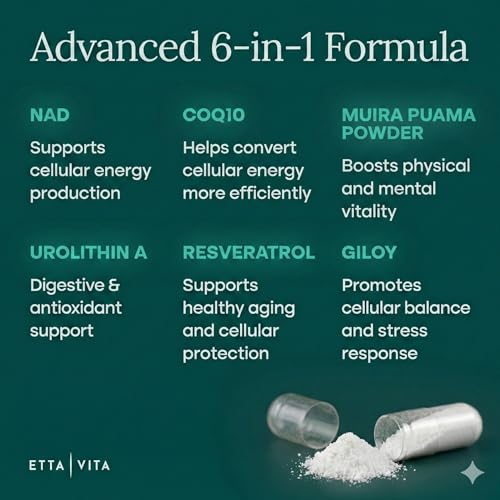 Liposomal NAD+ Supplement - Resveratrol, Urolithin A, CoQ10 & Muira Puama (Made in USA) NAD Supplement for Natural Energy, Brain Fog, Digestion, Detox, Gut Health, Microbiome, NR NMN Replacement Etta Vita buy supplements canada