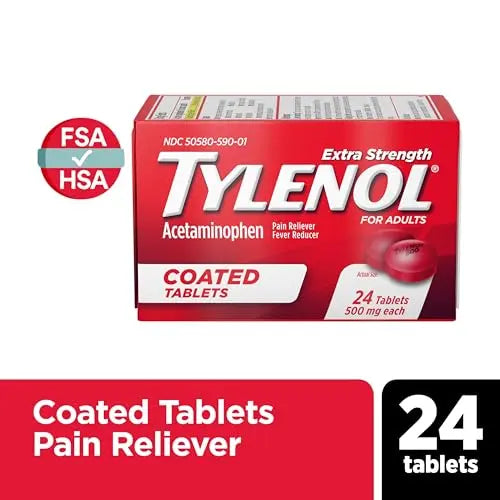 Tylenol Extra Strength Pain Reliever & Fever Reducer, Round Coated Tablets, 500 mg Acetaminophen Pain Relief Pills for Headache, Toothache & Minor Arthritis Pain, 24 ct Tylenol buy supplements canada