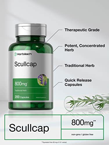 Scullcap Capsules | 800 mg | 200 Count | Max Potency, Value Size | Non-GMO and Gluten Horbäach buy supplements canada