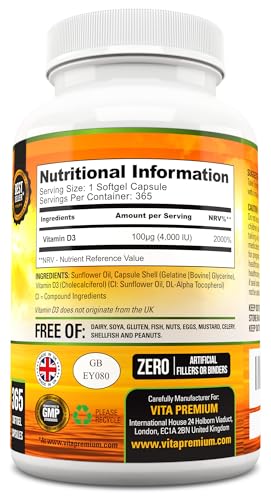 Vitamin D 4,000 IU Softgels, Maximum Strength Vitamin D3 Supplement, 365 Easy to Swallo Vita Premium buy supplements canada