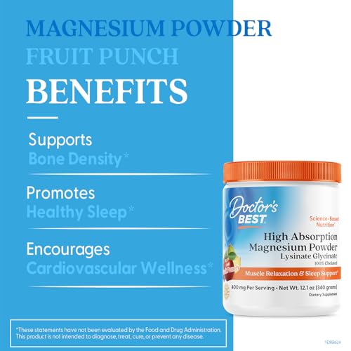 Doctors Best High Absorption Magnesium Powder Lysinate Glycinate 100% Chelated, Muscle Relaxation & Sleep Support, Gluten Free, Vegan, 100% Chelated Net Wt. 12.1 oz (340 Grams), Fruit Punch Flavor Doctor's BEST buy supplements canada