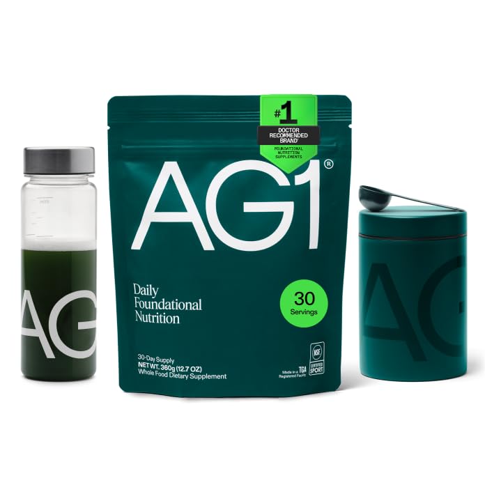 AG1 Greens Powder Supplement Bundle w/Stainless Steel Storage Canister – Multivitamin, Probiotic & Superfood Blend | Gut Health & Daily Wellness Support | Includes Shaker & Scoop | Vegan, Gluten-Free AG1 buy supplements canada