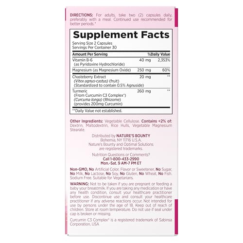 Nature’s Bounty Optimal Solutions Advanced PMS Relief for Menstrual Cycle Support, PMS Support Supplement for Women, Bloating Relief – Chasteberry, Hormone-Free, 60 Vegetarian Capsules Nature's Bounty buy supplements canada