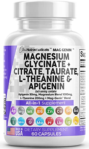 Magnesium Glycinate Complex 1000mg with L-Theanine 200mg Apigenin 50mg Citrate Taurate Supplement - 5-HTP GABA Passion Flower Lemon Balm L-Glycine Phosphatidylserine Ashwagandha - USA Made Clean Nutra Clean Nutraceuticals buy supplements canada