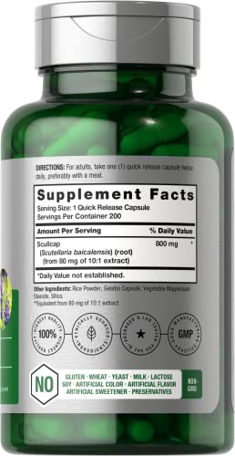 Scullcap Capsules | 800 mg | 200 Count | Max Potency, Value Size | Non-GMO and Gluten Horbäach buy supplements canada