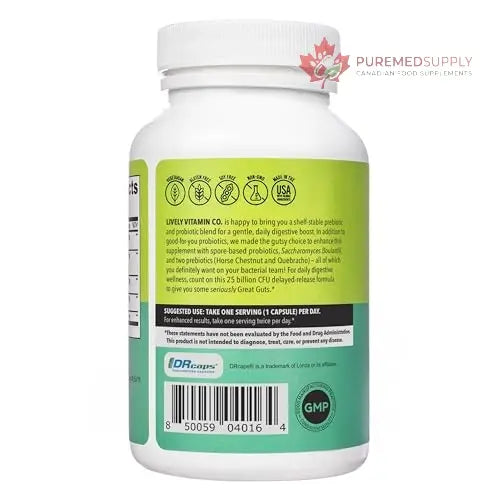 LIVELY VITAMIN CO. Great Guts Probiotic - 25 Billion CFU Probiotic - Balance Gut Microbiome, GI Tract, Inflammation, Indigestion, Reflux, Upset Stomach, & Diarrhea - 90 Caps LIVELY VITAMIN CO buy supplements canada
