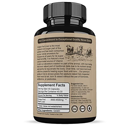 Grass Fed Desiccated Beef Liver Capsules (180 Pills, 750mg Each) - Natural Iron, Vitamin A Wholesome Wellness buy supplements canada