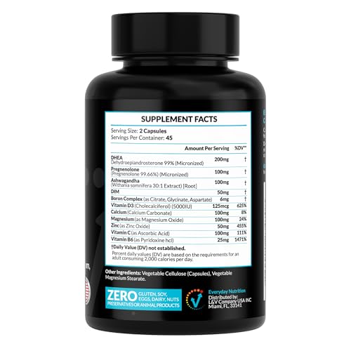 DHEA Micronized 200mg Complex with Pregnenolone 100mg Supplement for Men & Women with Ashwagandha, DIM, Magnesium, Boron, Calcium , Zinc, Vitamin D3, C and B6 Hormone Support - Made in USA 90 Capsules EVERYDAY NUTRITION buy supplements canada