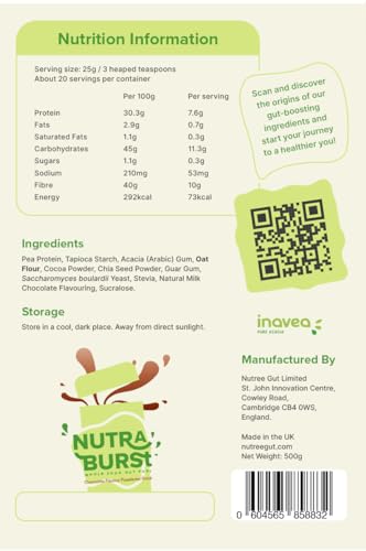 NutraBurst Pea Protein Shake with Probiotics, prebiotics, and Oats 500g - Chocolate Flavoured Nutree Gut buy supplements canada