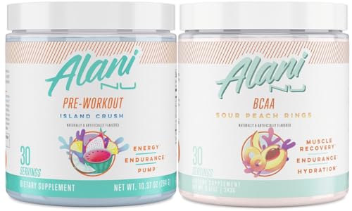 Alani Nu Island Crush Pre Workout and BCAA Sour Peach Rings Post Workout Powder Alani Nu buy supplements canada