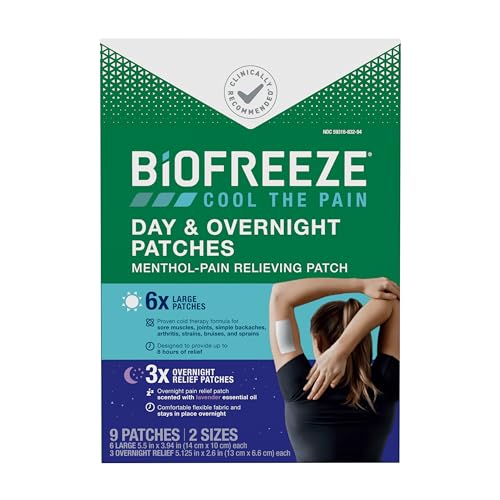 Biofreeze Day & Overnight Pain Relief Patches, Menthol Pain Patches for Arthritis & Muscle Pain Relief, Comfortable & Flexible Fabric Stays in Place, 9 Patches (6 Day, 3 Night) Biofreeze buy supplements canada