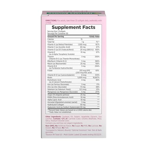 Nature's Bounty Advanced Hair, Skin & Nails, Argan-Infused Vitamin Supplement with Biotin and Hyaluronic Acid, 150 Rapid Release Softgels, 50 Total Servings Nature's Bounty buy supplements canada